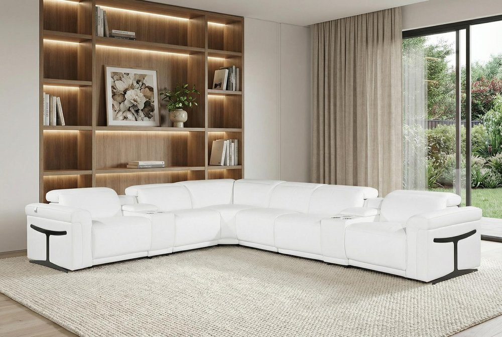 White Italian leather 3 power reclining seats L shaped Seven Piece Corner Sectional With Console HomeRoots
