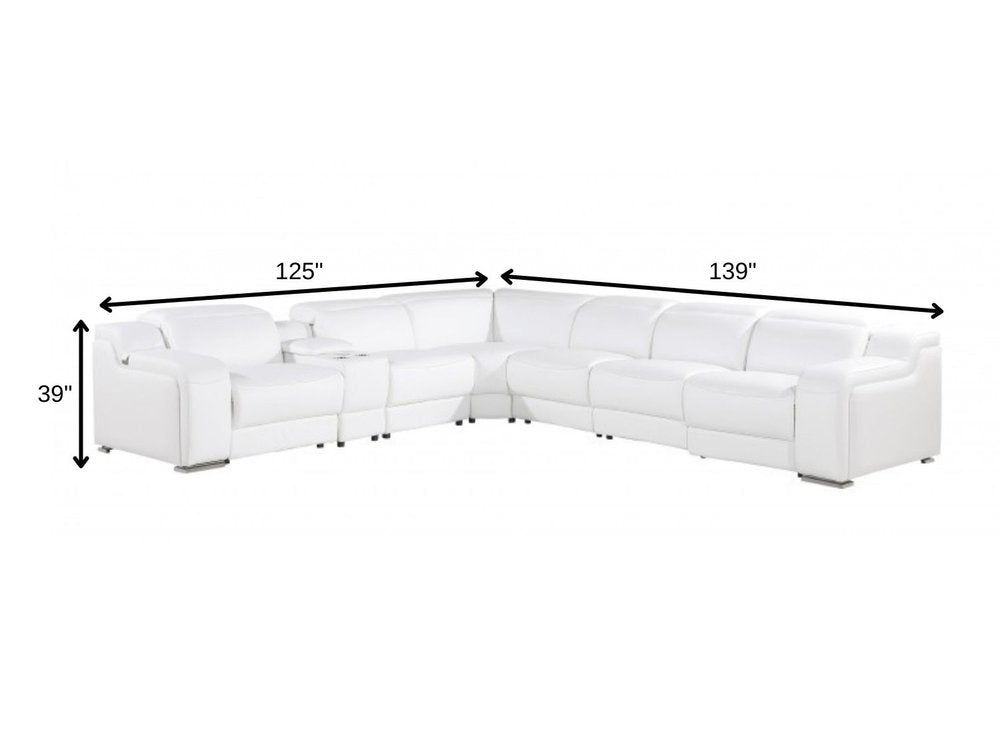 White Italian leather 4 power reclining seats L shaped Seven Piece Corner Sectional With Console HomeRoots