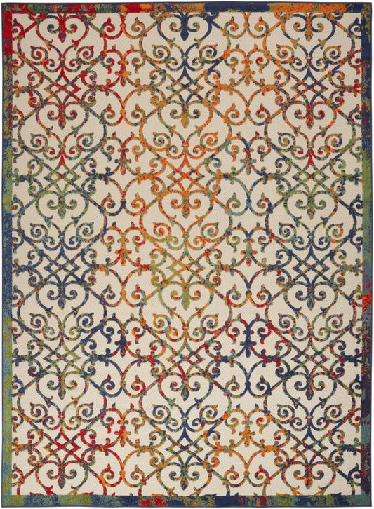 10' X 14' Ivory Blue Orange Green And Red Medallion Indoor Outdoor Area Rug