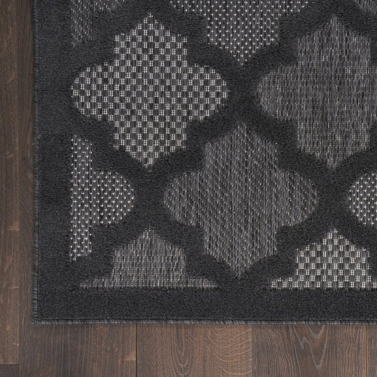 8' Charcoal And Black Trellis Indoor Outdoor Runner Rug