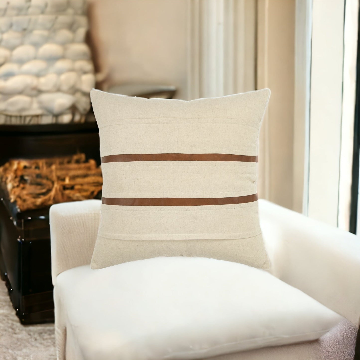 20" X 20" Ivory and Brown Striped Cotton Blend Zippered Pillow FurniFindUSA