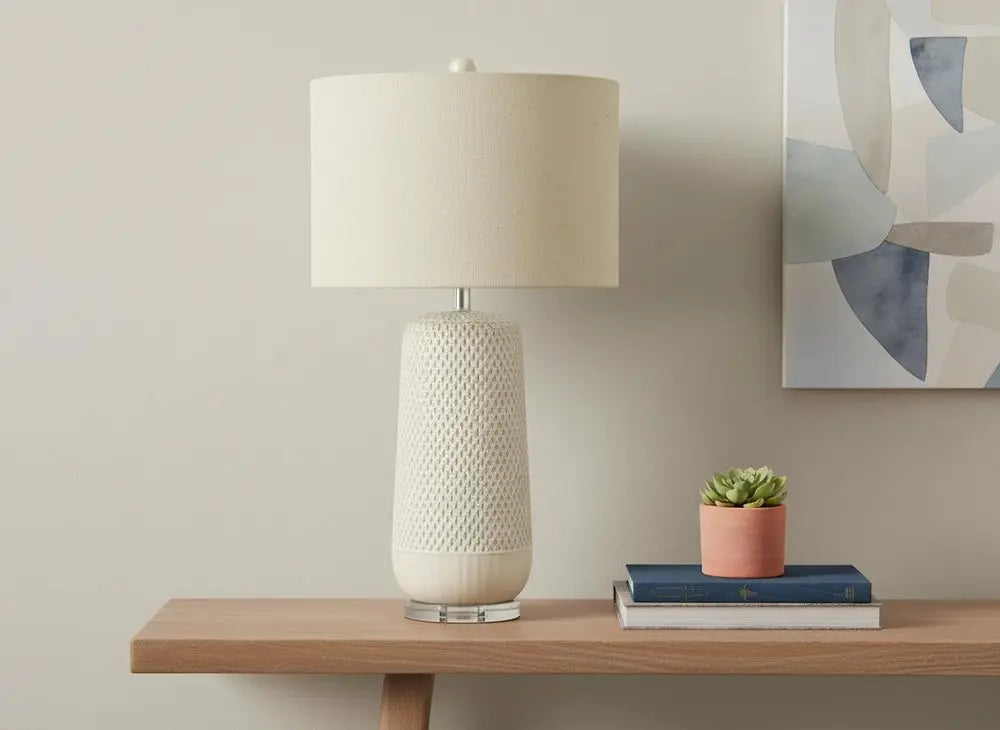 31" Cream Ceramic Geometric Table Lamp With Beige Drum Shade HomeRoots