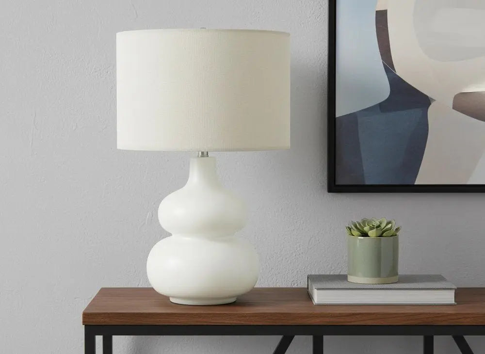 25" Cream Ceramic Gourd Table Lamp With Cream Drum Shade HomeRoots