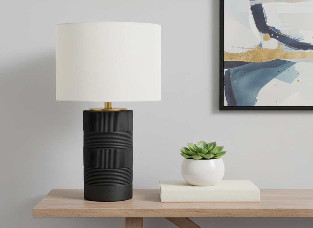 24" Black Cylinder Table Lamp With Ivory Drum Shade HomeRoots