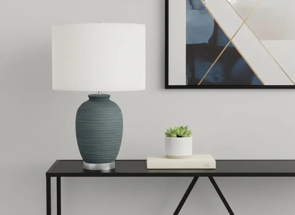 24" Blue and Silver Ceramic Round Table Lamp With Ivory Drum Shade HomeRoots