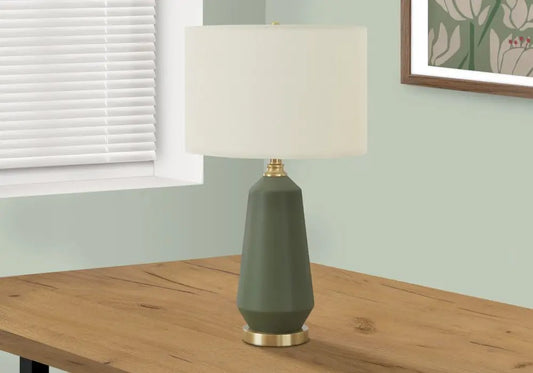 26" Green Ceramic Geometric Table Lamp With Ivory Drum Shade HomeRoots
