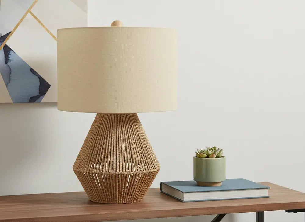 22" Brown Rattan Geometric Table Lamp With Beige Drum Shade HomeRoots