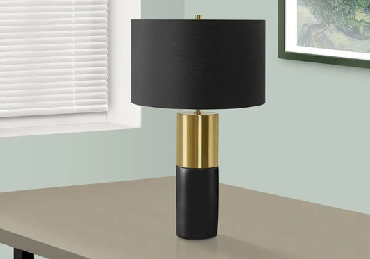 25" Black and Gold Concrete Cylinder Table Lamp With Black Drum Shade HomeRoots