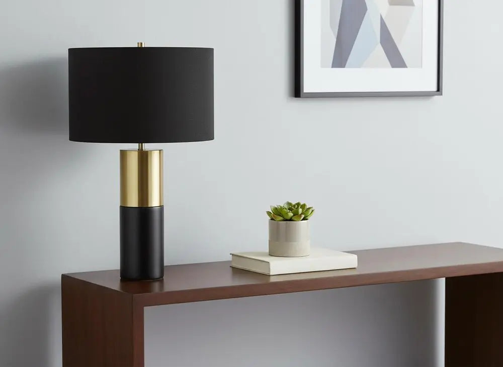 25" Black and Gold Concrete Cylinder Table Lamp With Black Drum Shade HomeRoots