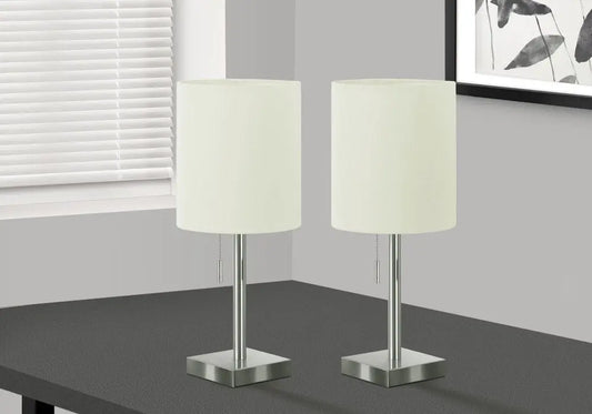 Set of Two 17" Silver Metal Candlestick USB Table Lamps With Ivory Drum Shade HomeRoots