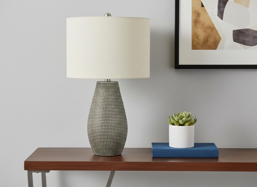 24" Gray Round Table Lamp With Ivory Drum Shade HomeRoots