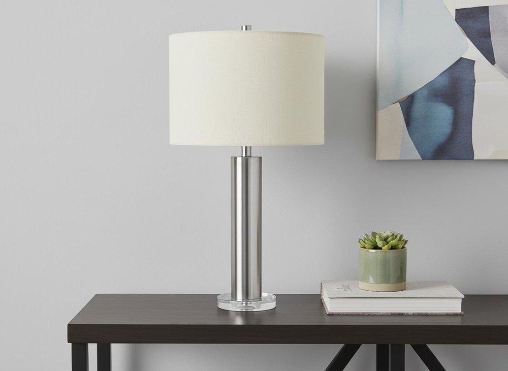 28" Silver Acrylic Cylinder Table Lamp With Ivory Drum Shade HomeRoots