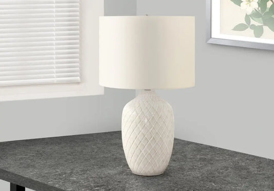 25" Cream Ceramic Urn Table Lamp With Cream Drum Shade HomeRoots