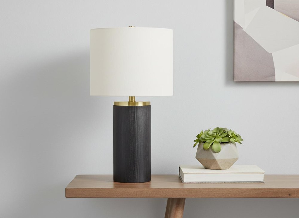 24" Black and Gold Concrete Cylinder Table Lamp With Ivory Drum Shade HomeRoots