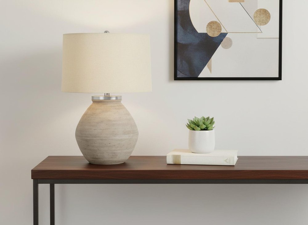 25" Cream Concrete Round Table Lamp With Beige Drum Shade HomeRoots