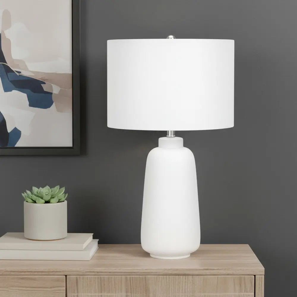 26" Cream Ceramic Cylinder Table Lamp With Cream Drum Shade HomeRoots