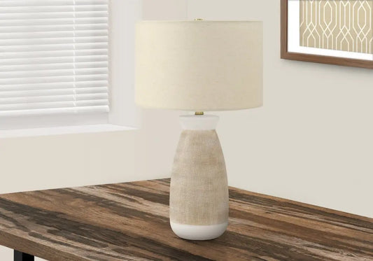 27" Brown and White Ceramic Round Table Lamp With Beige Drum Shade HomeRoots