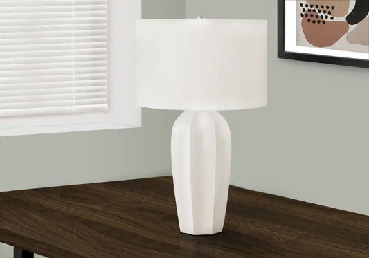 27" Cream Ceramic Geometric Table Lamp With Cream Drum Shade HomeRoots