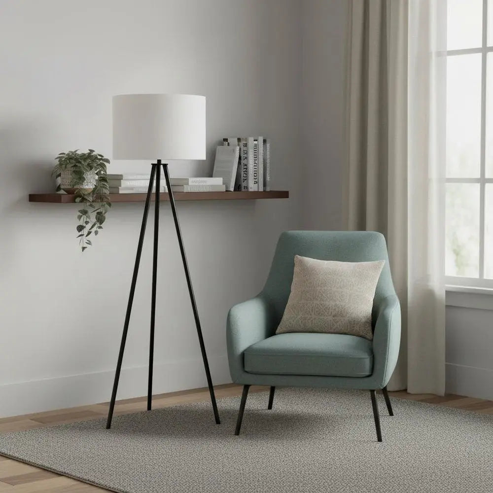 63" Black LED Light Changing Floor Lamp With Cream Fabric Drum Shade HomeRoots