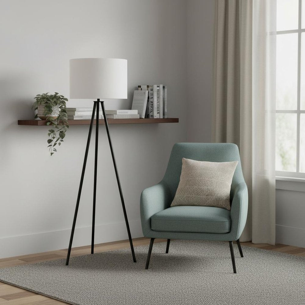 63" Black LED Light Changing Floor Lamp With Cream Fabric Drum Shade HomeRoots