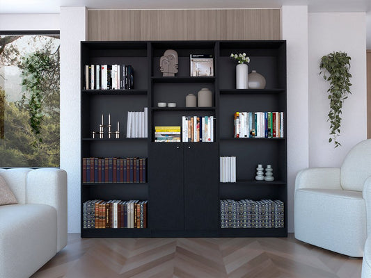 71" Black Five Tier Bookcase with Two doors HomeRoots