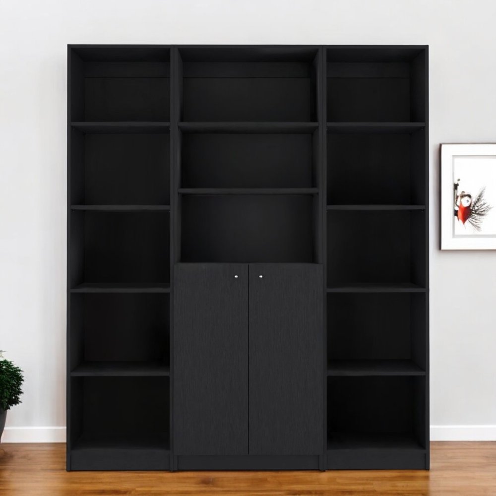 Set of Three Black Five Tier Bookcases with Two Doors HomeRoots