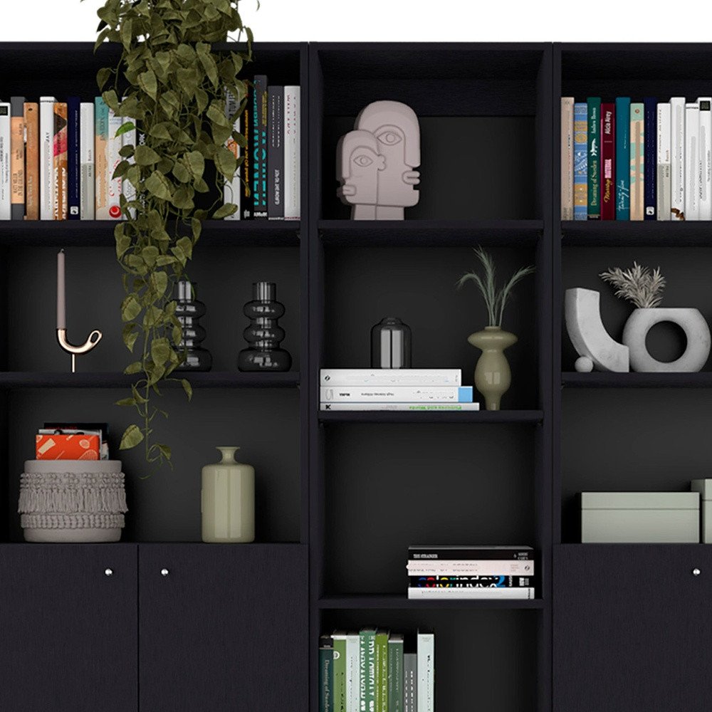 71" Black Five Tier Bookcase with Four Doors HomeRoots