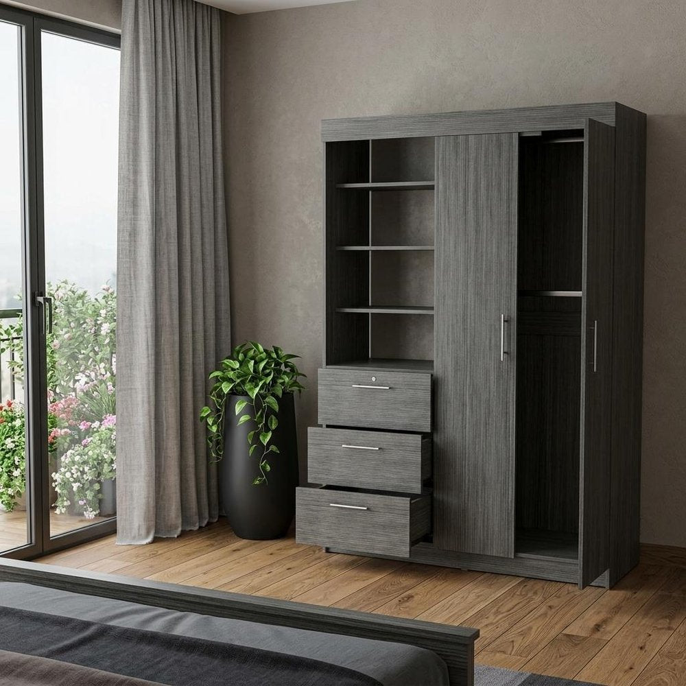 79" Gray Wood Two Door Three Drawer Combo Dresser HomeRoots