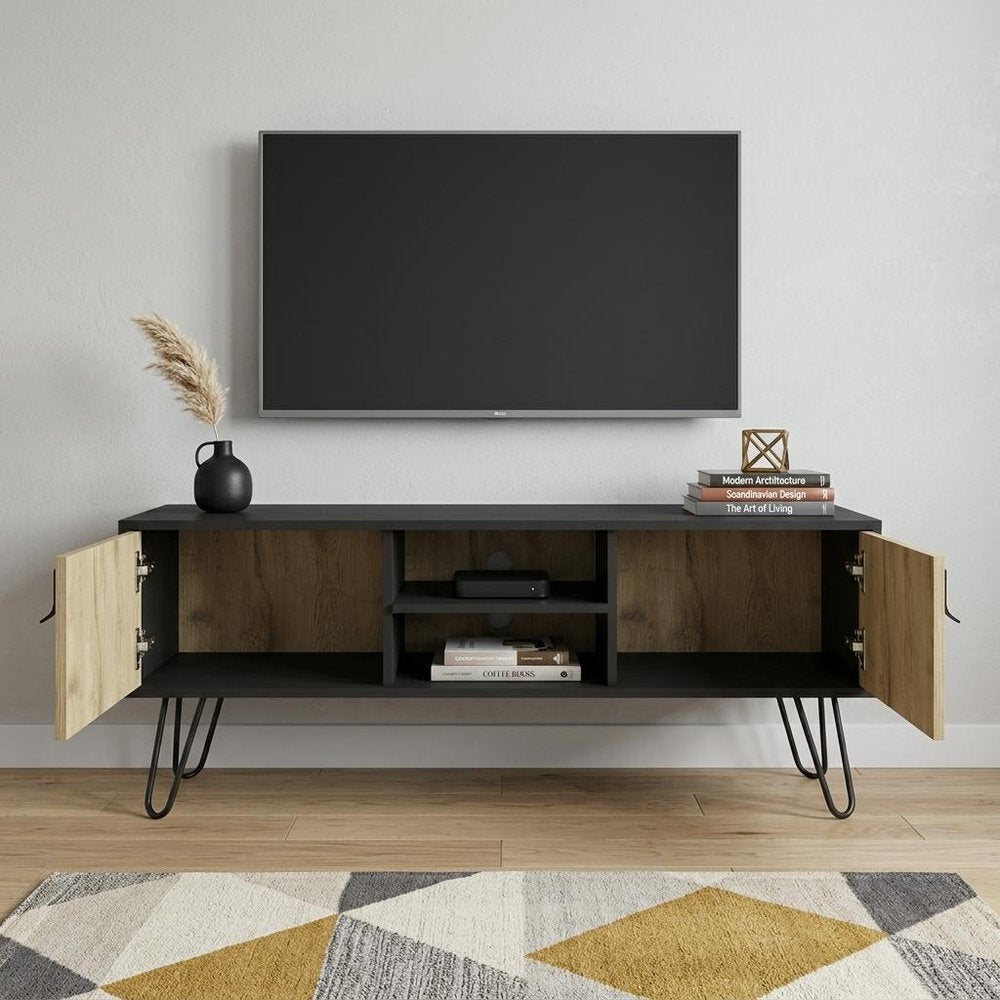 48" Beige and Black Cabinet Open And Enclosed Storage TV Stand HomeRoots