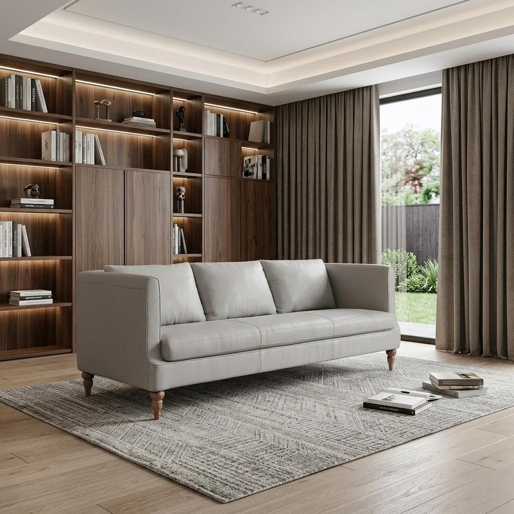 85" Gray Leather Sofa With Brown Legs HomeRoots