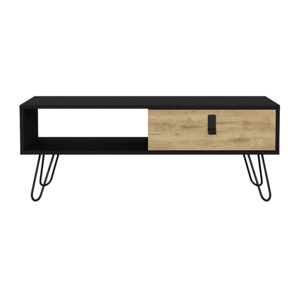 41" Black and Oak Wood and Metal Coffee Table With Drawer And Shelf