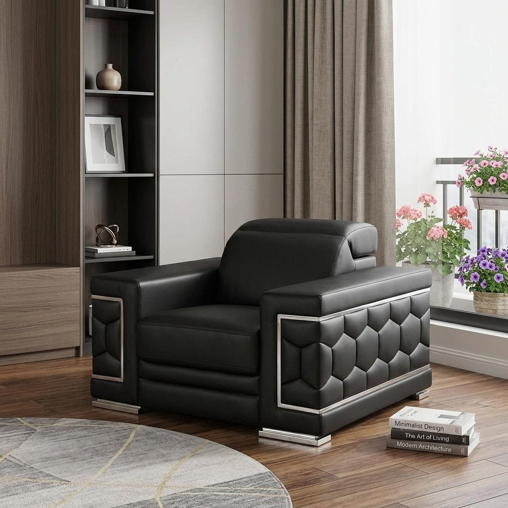 47" Black And Silver Genuine Leather Club Chair HomeRoots