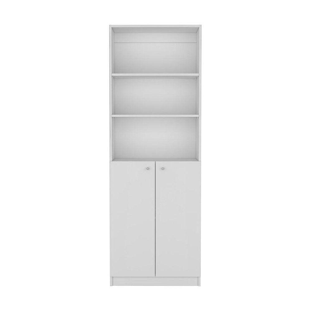 71" White Wood Three Tier Bookcase with Two Doors HomeRoots