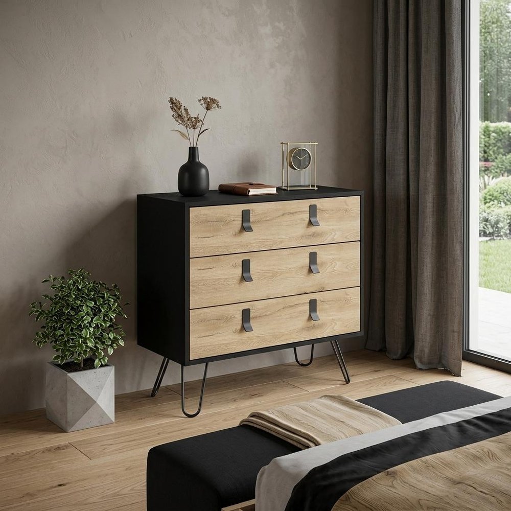 32" Natural and Black Three Drawer Dresser HomeRoots