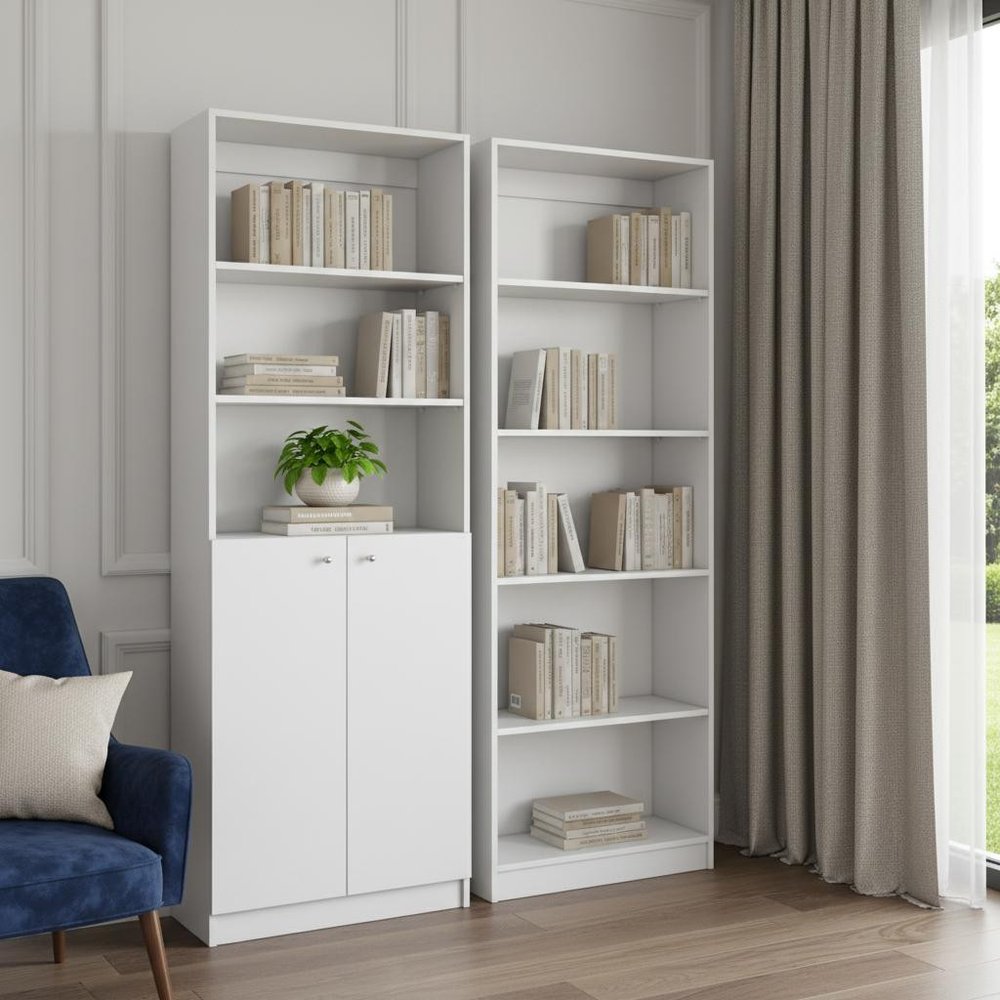 Set of Two White Wood Five Tier Modular Bookcase with Two Doors HomeRoots
