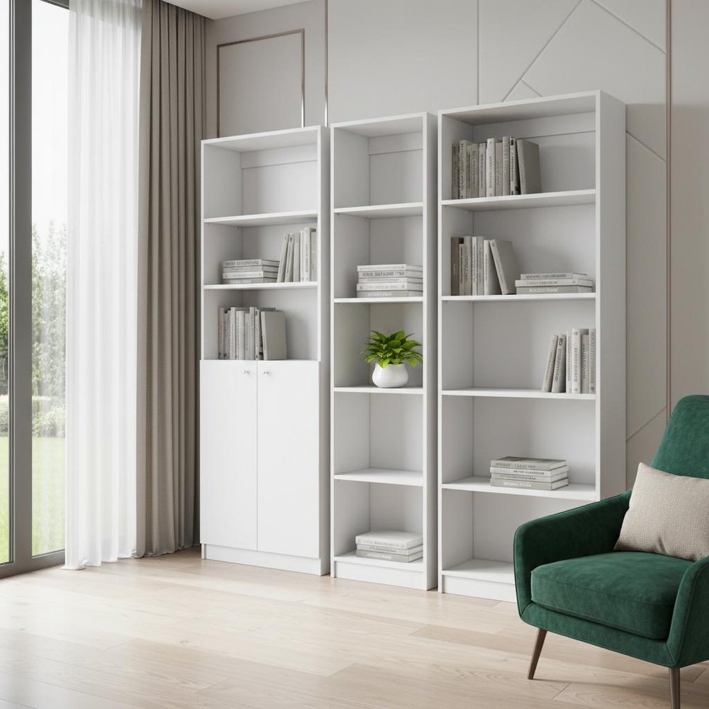 Set of Three White Wood Five Tier Modular Bookcase with Two Doors HomeRoots