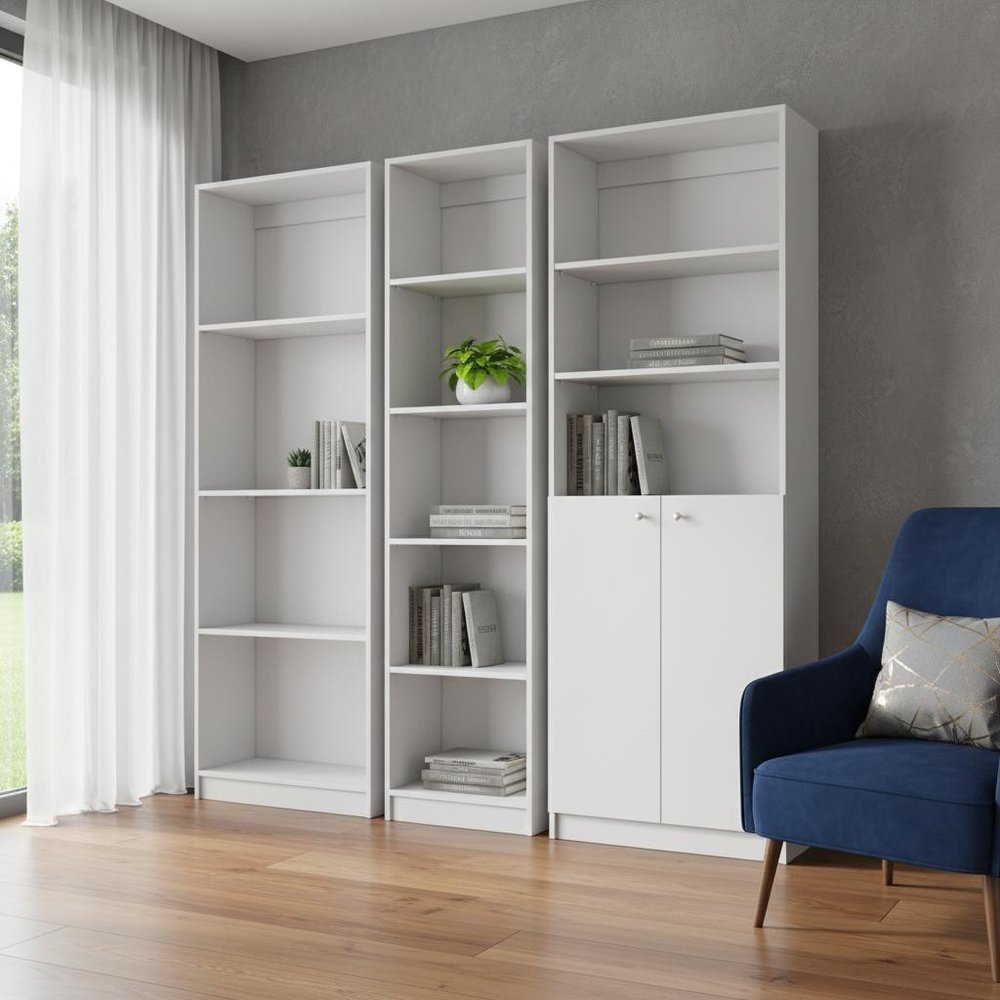 Set of Three White Wood Twelve Tier Modular Bookcase with Two Doors HomeRoots