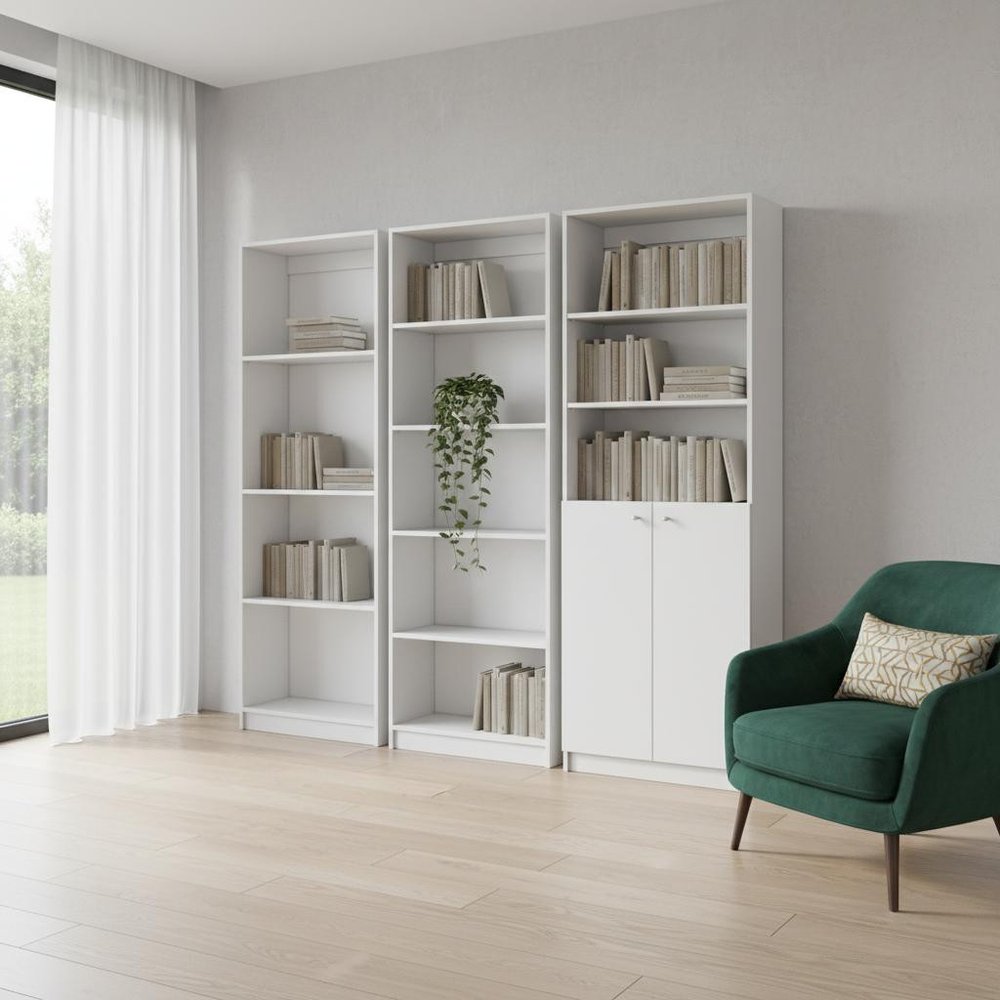 Set of Three White Wood Twelve Tier Modular Bookcase with Two Doors HomeRoots