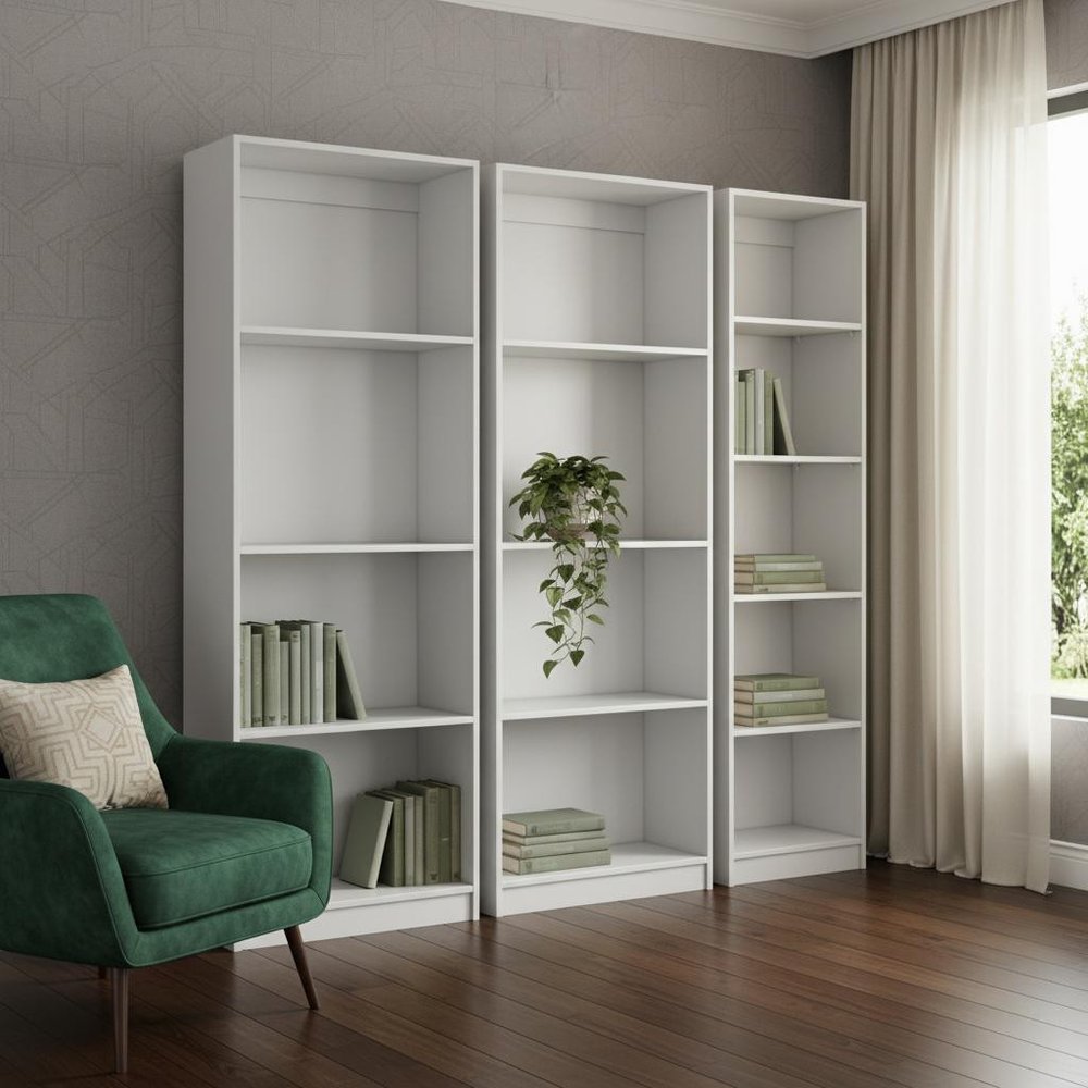 Set of Three White Wood Thirteen Tier Modular Bookcase HomeRoots