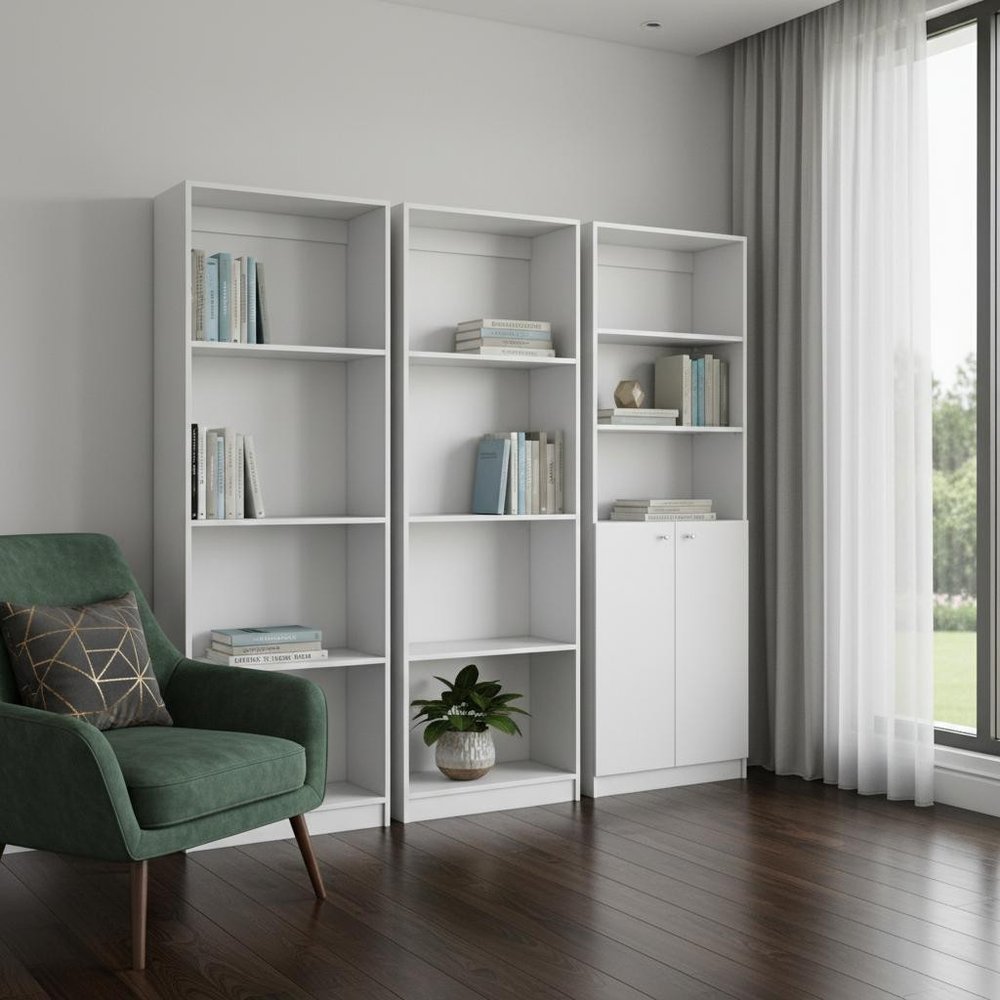 Set of Three White Wood Eleven Tier Modular Bookcase with Two Doors HomeRoots