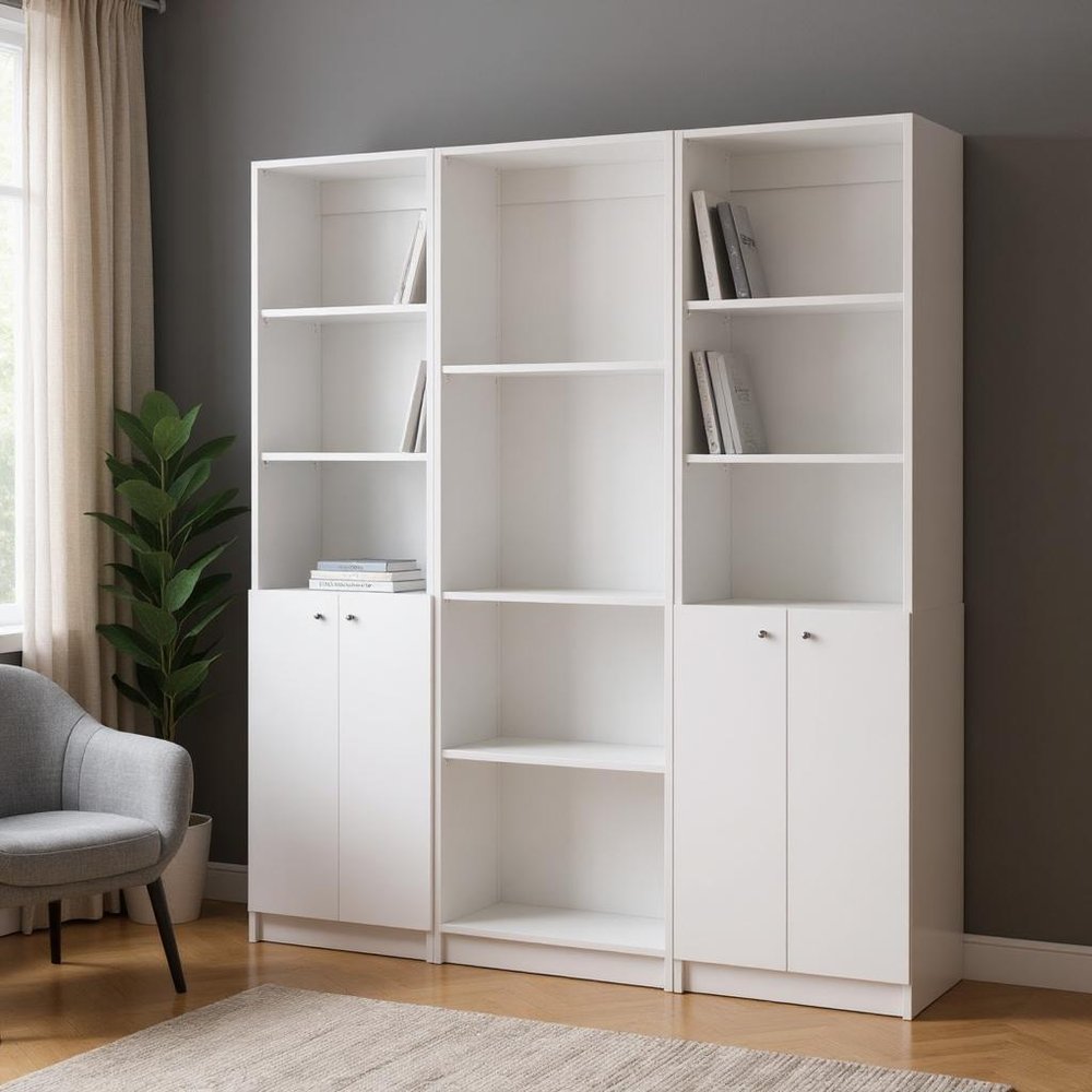 Set of Three White Wood Ten Tier Modular Bookcase with Four Doors HomeRoots