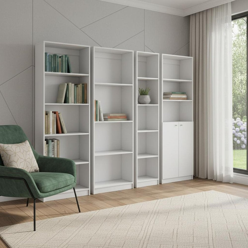 Set of Four White Wood Seventeen Tier Modular Bookcase with Two Doors HomeRoots