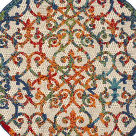 4' Ivory Blue Orange And Green Round Trellis Indoor Outdoor Area Rug