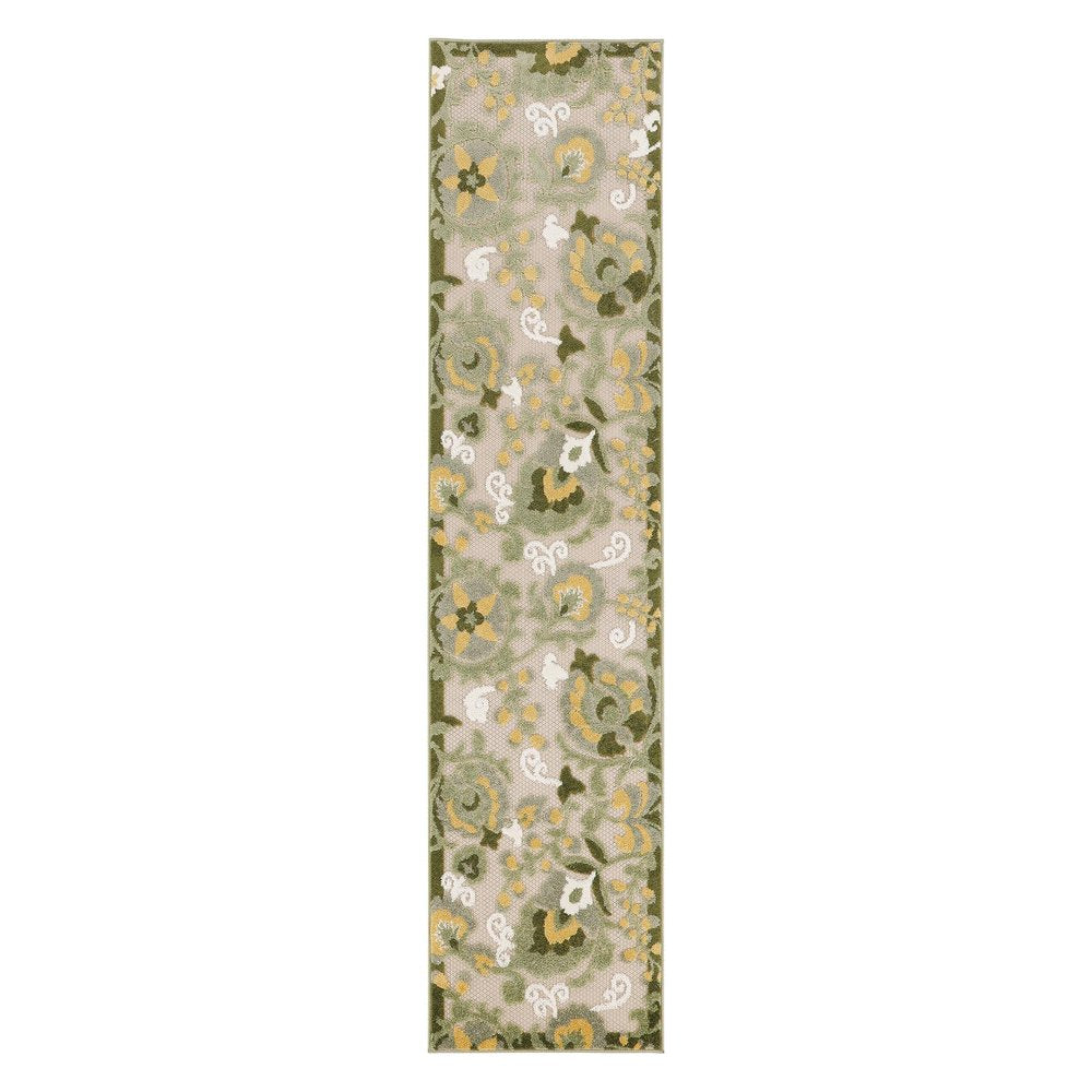 6' Ivory And Green Floral Indoor Outdoor Runner Rug HomeRoots