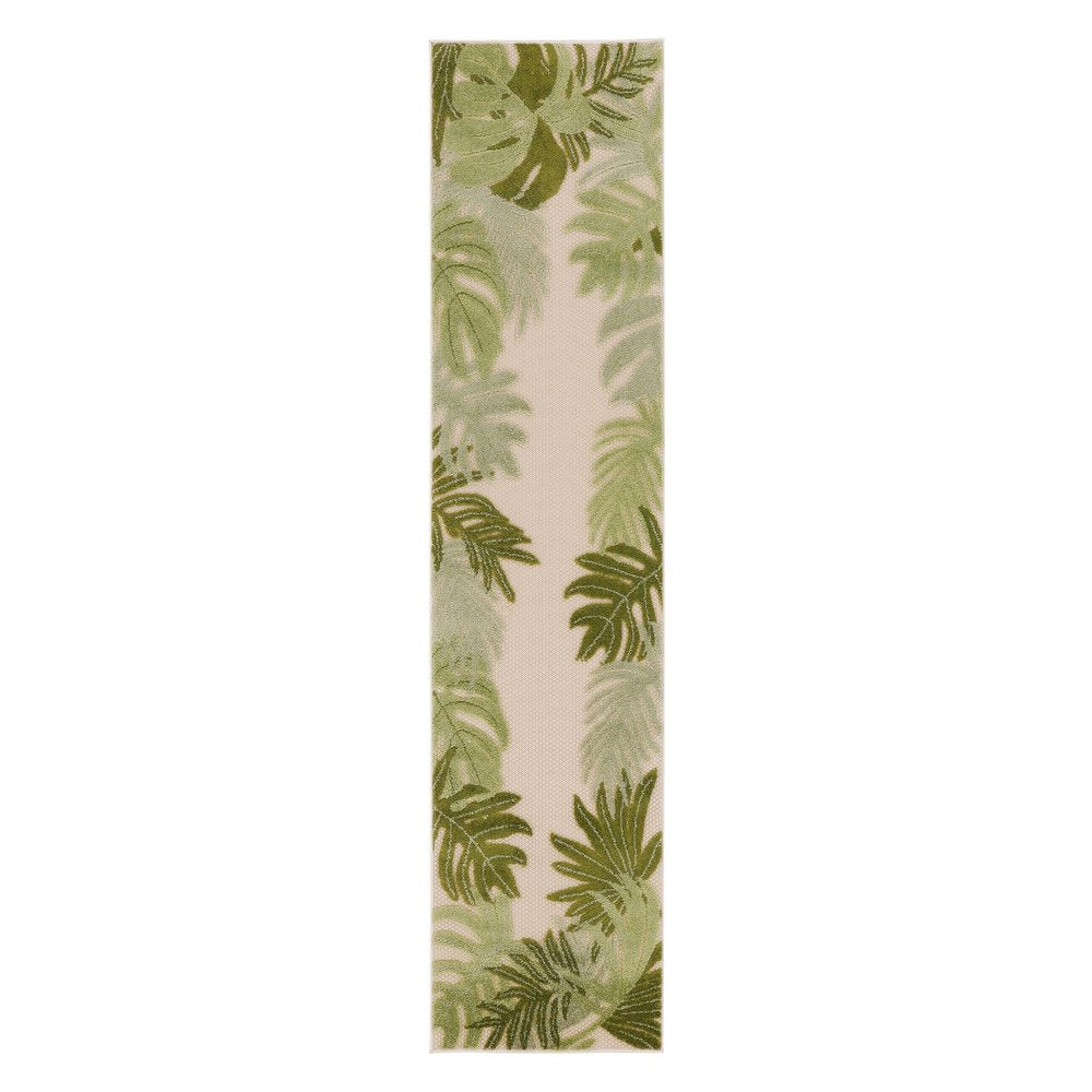 6' Ivory And Green Palm Leaf Indoor Outdoor Runner Rug HomeRoots