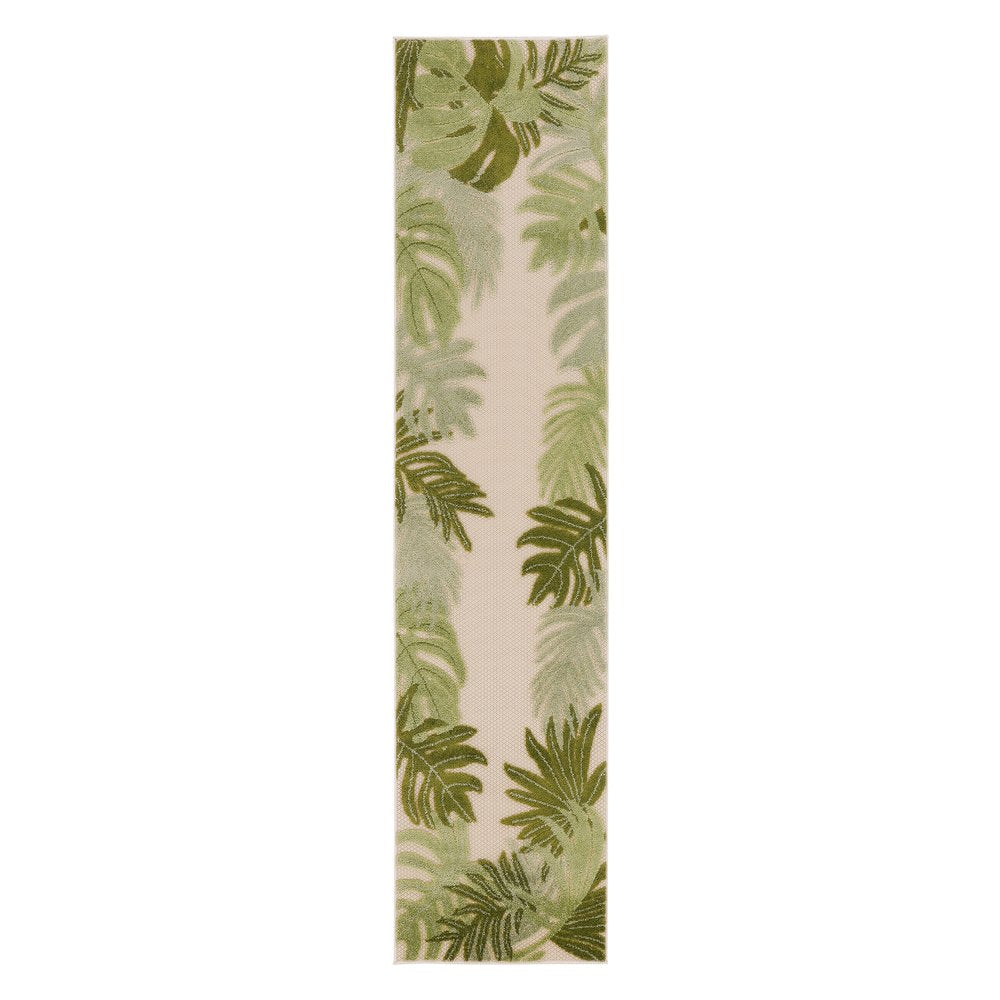 6' Ivory And Green Palm Leaf Indoor Outdoor Runner Rug HomeRoots