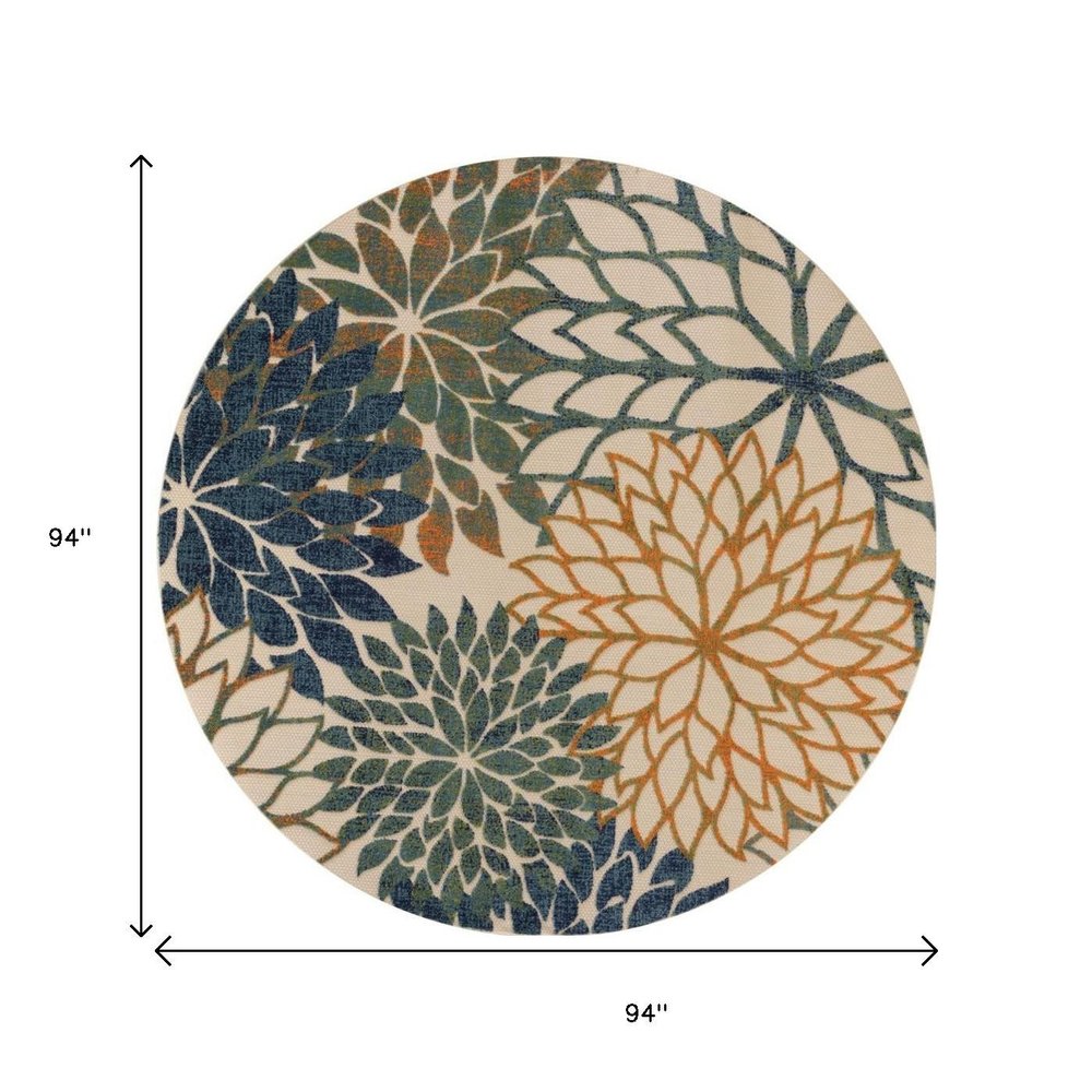 8' Blue Green And Orange Round Floral Indoor Outdoor Area Rug HomeRoots