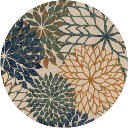8' Blue Green And Orange Round Floral Indoor Outdoor Area Rug HomeRoots