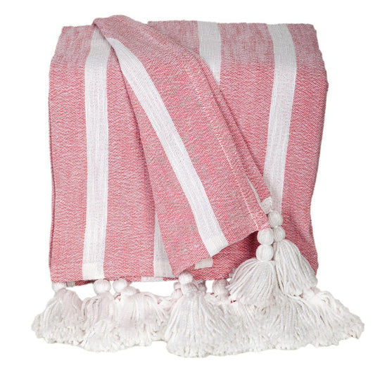 50" X 60" Pink and White Woven Cotton Striped Throw Blanket with Tassels HomeRoots