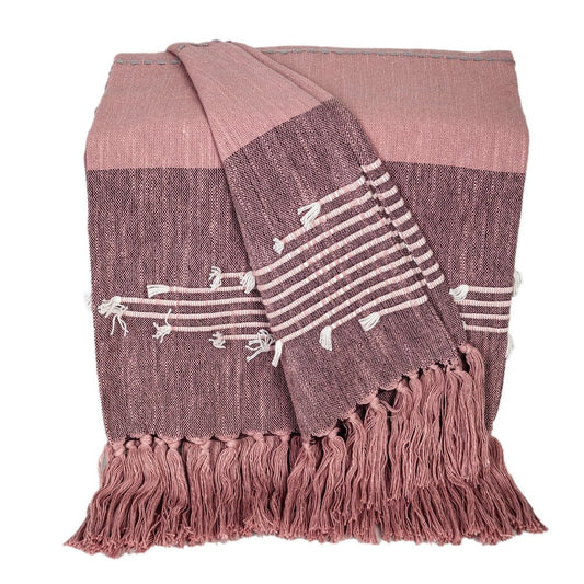 50" X 60" Pink Woven Cotton Striped Throw Blanket with Tassels and Embroidery HomeRoots